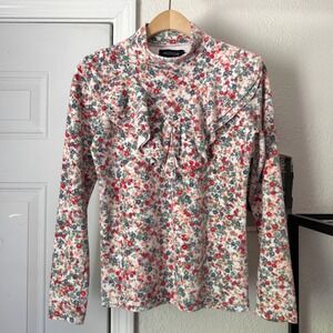 PASTICHE white multicolor floral ditsy ruffle long sleeve mock neck fleece top